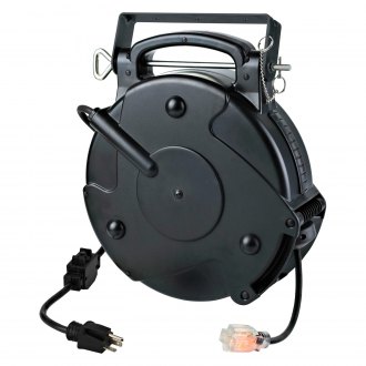 Retractable Extension Cord Reel - 50 ft 14AWG- 3 Electric Power Outlets -  Ceiling or Wall Mount - Green and Grey