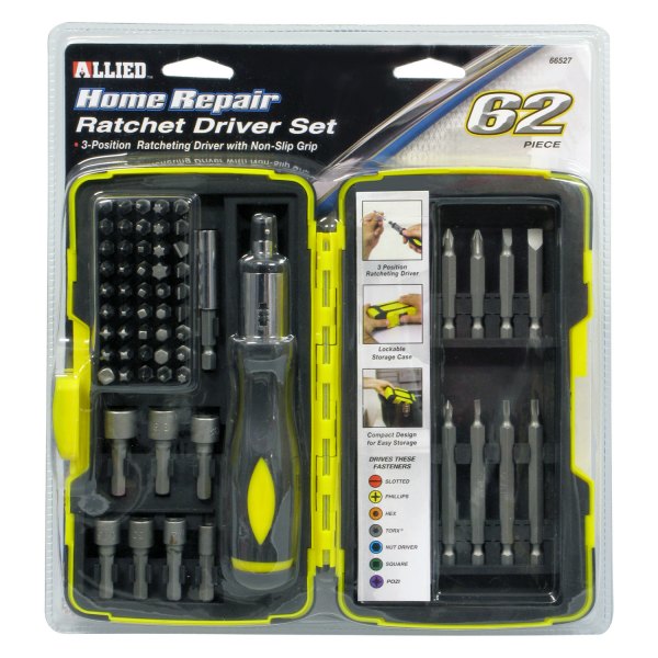 Allied Tools® - 62-piece Multi Material Handle Ratcheting Multi-Bit Screwdriver Kit