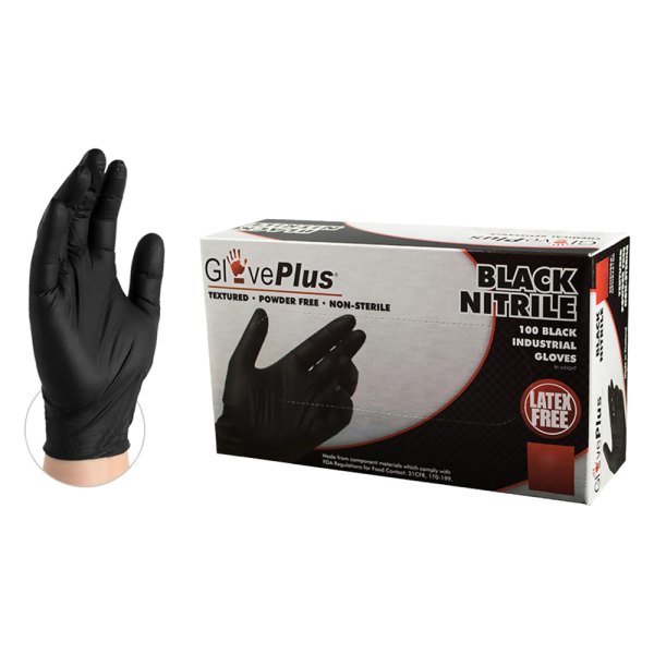 Ammex® - GlovePlus™ Large Textured Powder-Free Black Nitrile Disposable Gloves
