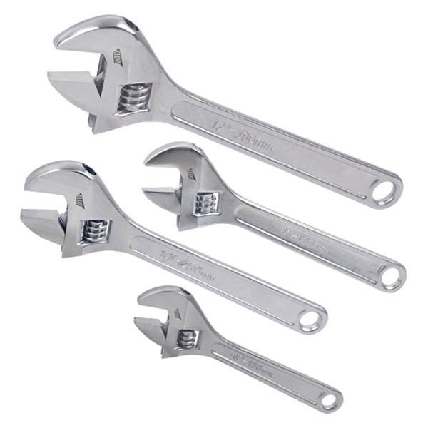 ATD® - 4-piece 6" to 12" OAL Full Polished Plain Handle Adjustable Wrench Set