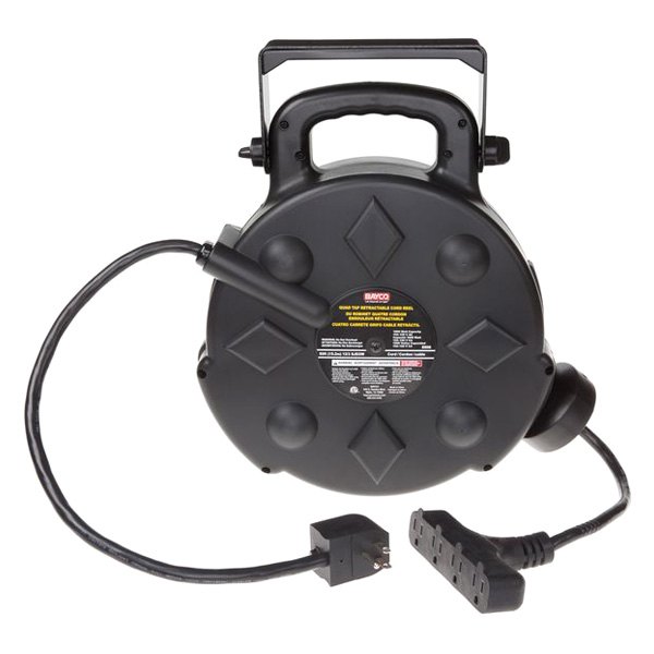 Bayco® SL-8906 - Polypropylene Black Retractable Cord Reels with 4 Outlets  (50', 12 AWG) 