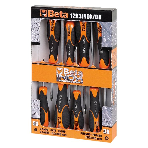 Beta Tools® - 1293INOX/D8-Series 8-piece Multi Material Handle Stainless Steel Phillips/Slotted Mixed Screwdriver Set