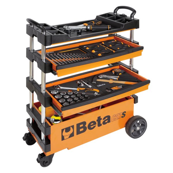 Beta Tools® - C27S 39" x 15.35" x 27.55" Orange Steel 2-Drawer 2-Shelf Folding Tool Trolley for Outdoor Jobs 