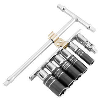 BikeMaster® - 1/4" Drive 6-1/2" Length T-Style Flat Metal Grip Breaker Bar with Sockets and Adapter 6 Pieces