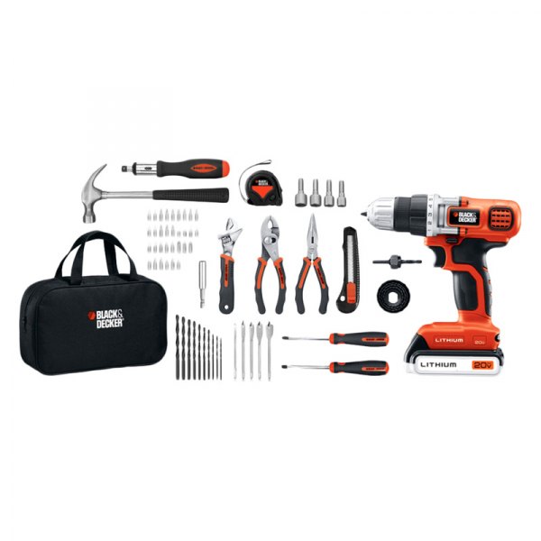 Black & Decker® LDX120PK - 66-piece Project Home Tool Set in Tool Bag and 20  V MAX Lithium Ion Drill/Driver 