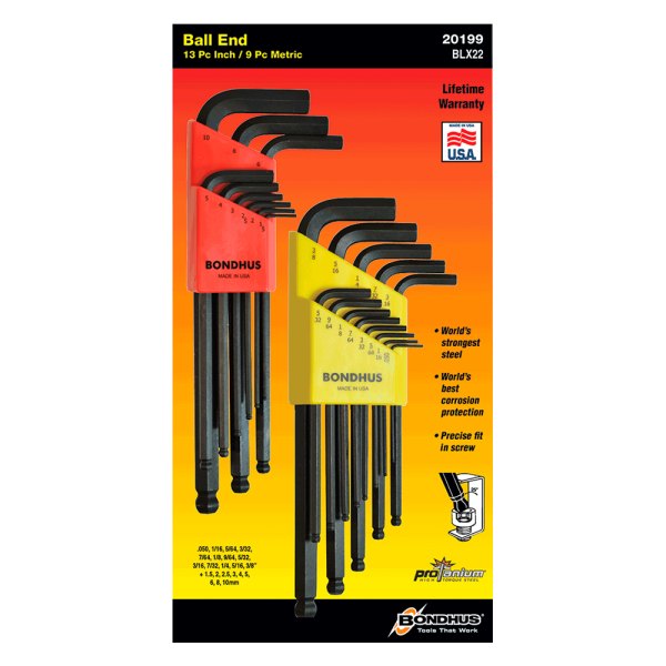 Bondhus® - ProGuard™ 22-Piece 0.05" to 3/8" and 1.5 to 10 mm SAE/Metric Long Arm Ball End Hex Key Set