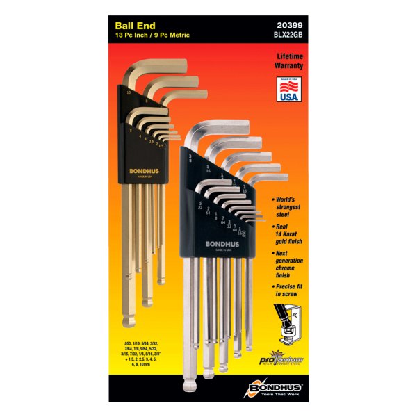 Bondhus® - BriteGuard™ 22-Piece 0.05" to 3/8" and 1.5 to 10 mm SAE/Metric Long Arm Ball End Hex Key Set