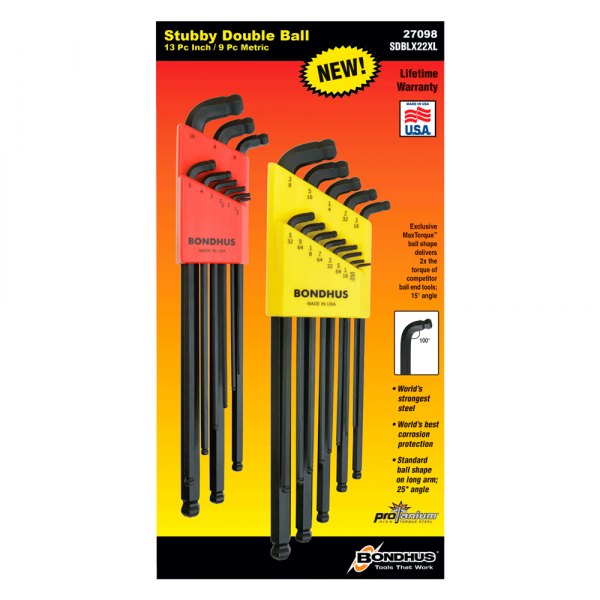 Bondhus® - ProGuard™ 22-Piece 0.05" to 3/8" and 1.5 to 10 mm SAE/Metric Extra-Long Arm Stubby Ball End Hex Key Set