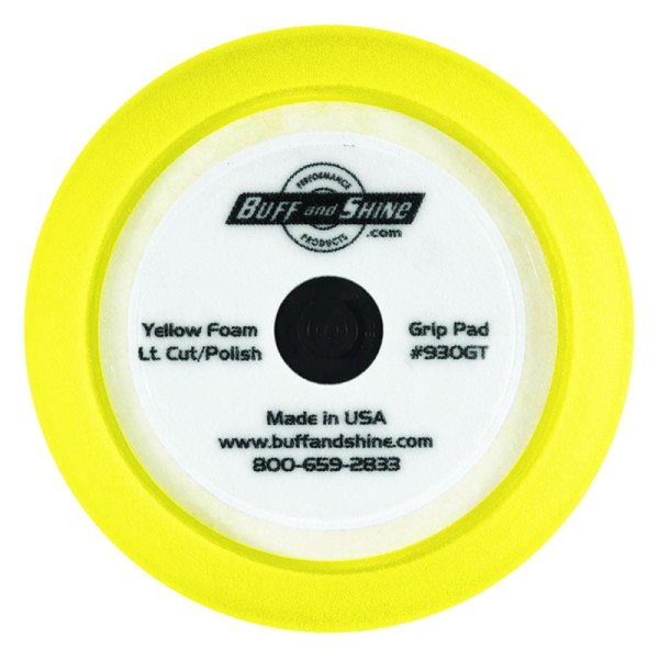 Buff and Shine® - 9" Foam Yellow Contour Edge Medium Cut Hook-and-Loop Polishing Pad with Center Tee