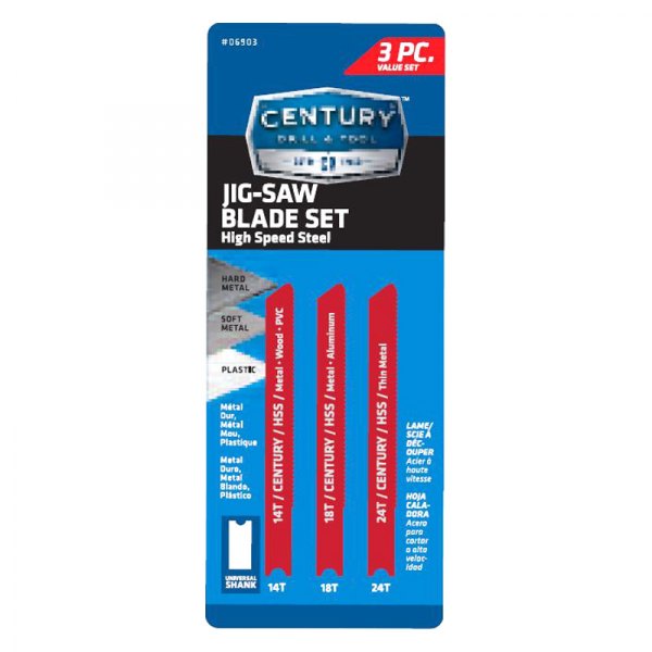 Century Drill & Tool® - 14 TPI to 24 TPI High Speed Steel U-Shank Jig Saw Blade Set (3 Pieces)