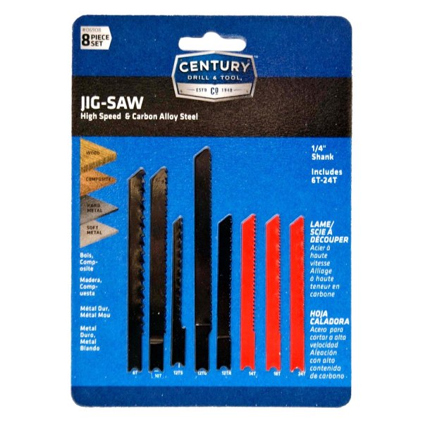 Century Drill & Tool® - 6 TPI to 24 TPI Alloy Steel and High Speed Steel U-Shank Jig Saw Blade Set (8 Pieces)