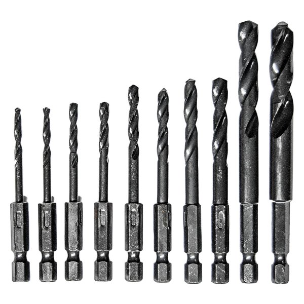 Century Drill & Tool® - 10-Piece Impact Pro™ Black Oxide Impact Rated 1/4" Hex Shank Fractional Drill Bit Set