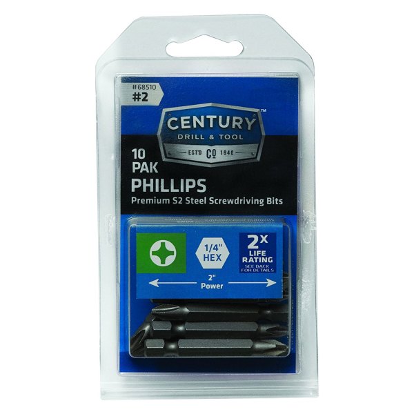 Century Drill & Tool® - #2 SAE S2 Steel Phillips Insert Bits (10 Pieces)