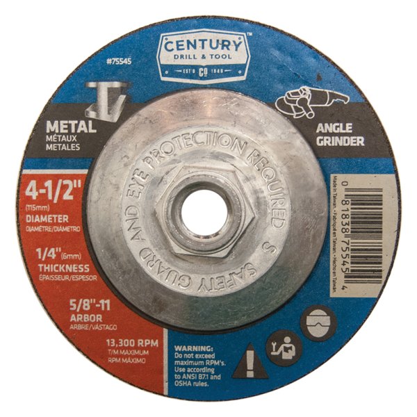 Century Drill & Tool® - 4-1/2" x 1/4" x 5/8"-11 Aluminum Oxide Type 27 Grinding Wheel