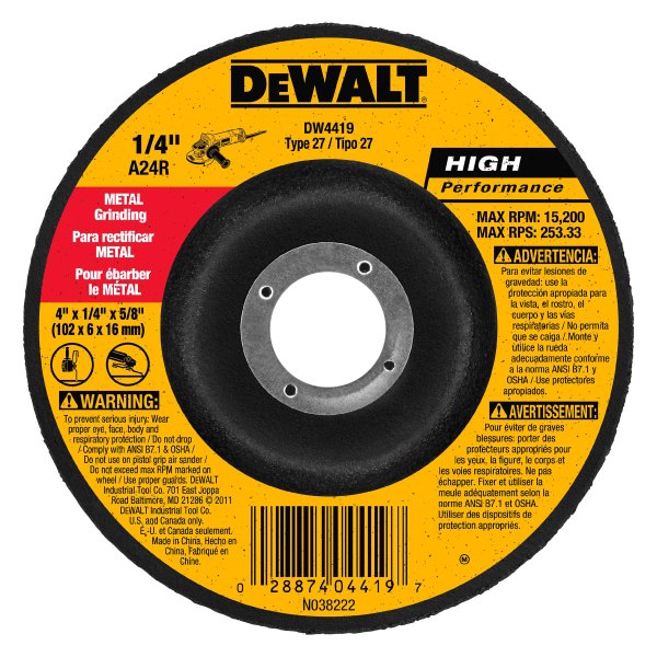 DeWALT® - HP™ 4" x 1/8" x 5/8" Aluminum Oxide Type 27 Pipeline Grinding Cut-Off Wheel