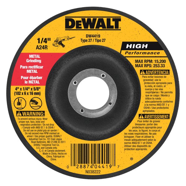 DeWALT® - HP™ 4" x 1/4" x 5/8" Aluminum Oxide Type 27 Metal Grinding Wheel