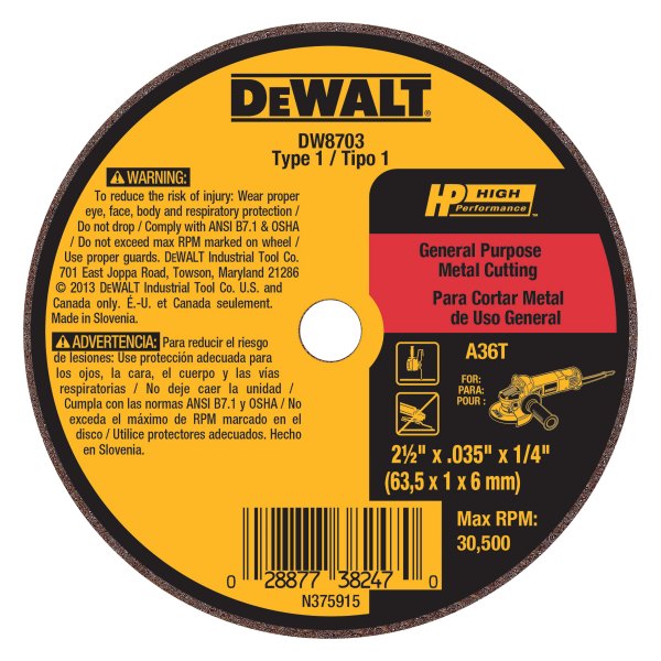 DeWALT® - HP™ 4" x 1/8" x 3/8" Aluminum Oxide Type 41 Die Grinder Cut-Off Wheel