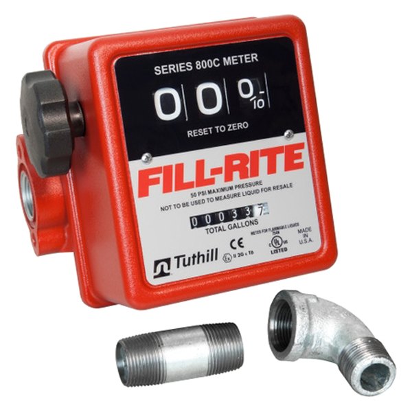 Fill-Rite® - 800C Series 20 GPM Gallons Mechanical 3-Wheel Fuel Transfer Meter with 3/4" Inlet/Outlet and Pipe Fittings
