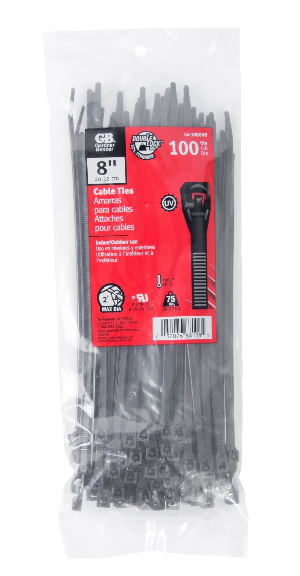 Gardner Bender® - Double Lock™ 8" x 75 lb Nylon Black UV Resistant Cable Ties