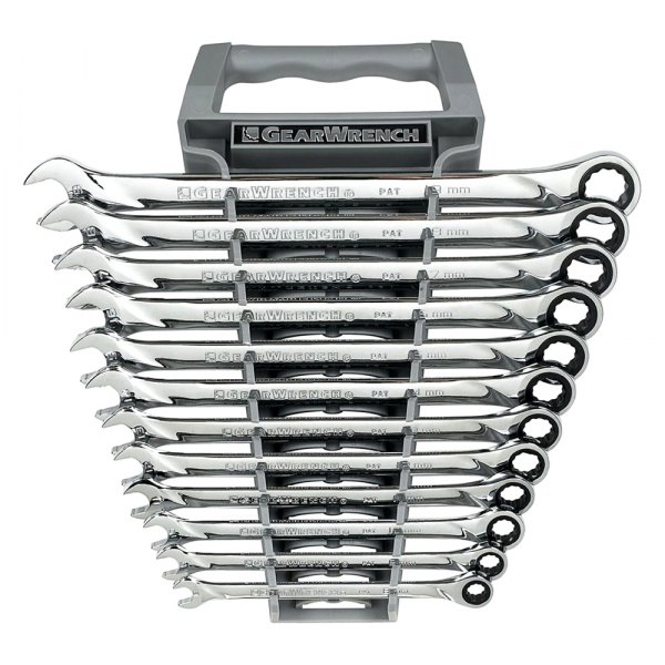 GearWrench® - 12-piece 8 to 19 mm 12-Point Straight Head 72-Teeth Ratcheting Long Pattern Mirror Polished Combination Wrench Set