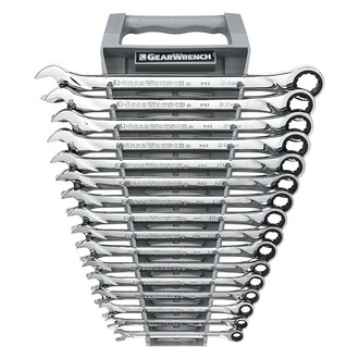 GearWrench® - 16-piece 8 to 24 mm 12-Point Straight Head 72-Teeth Ratcheting Long Pattern Mirror Polished Combination Wrench Set