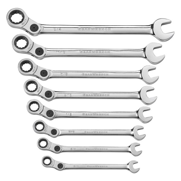 GearWrench® - 8-piece 5/16" to 3/4" 12-Point Pivot Head 72-Teeth Ratcheting Long Pattern Mirror Polished Combination Wrench Set