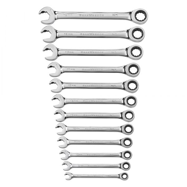 GearWrench® - 12-piece 10 to 9 mm 12-Point Straight Head 72-Teeth Ratcheting Double End Mirror Polished Combination Wrench Set