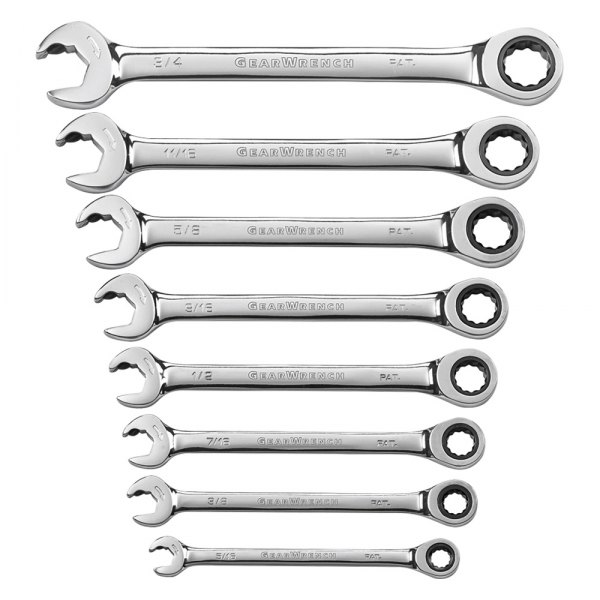 GearWrench® - 8-piece 5/16" to 3/4" 12-Point Straight Head Open End 72-Teeth Ratcheting Mirror Polished Combination Wrench Set