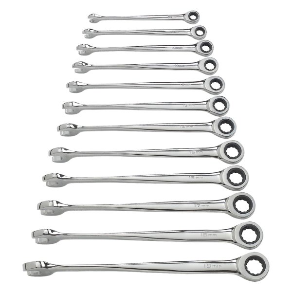 GearWrench® - X-Beam™ 12-piece 8 to 17 mm 12-Point Straight Head Ratcheting Lateral Drive Mirror Polished Combination Wrench Set