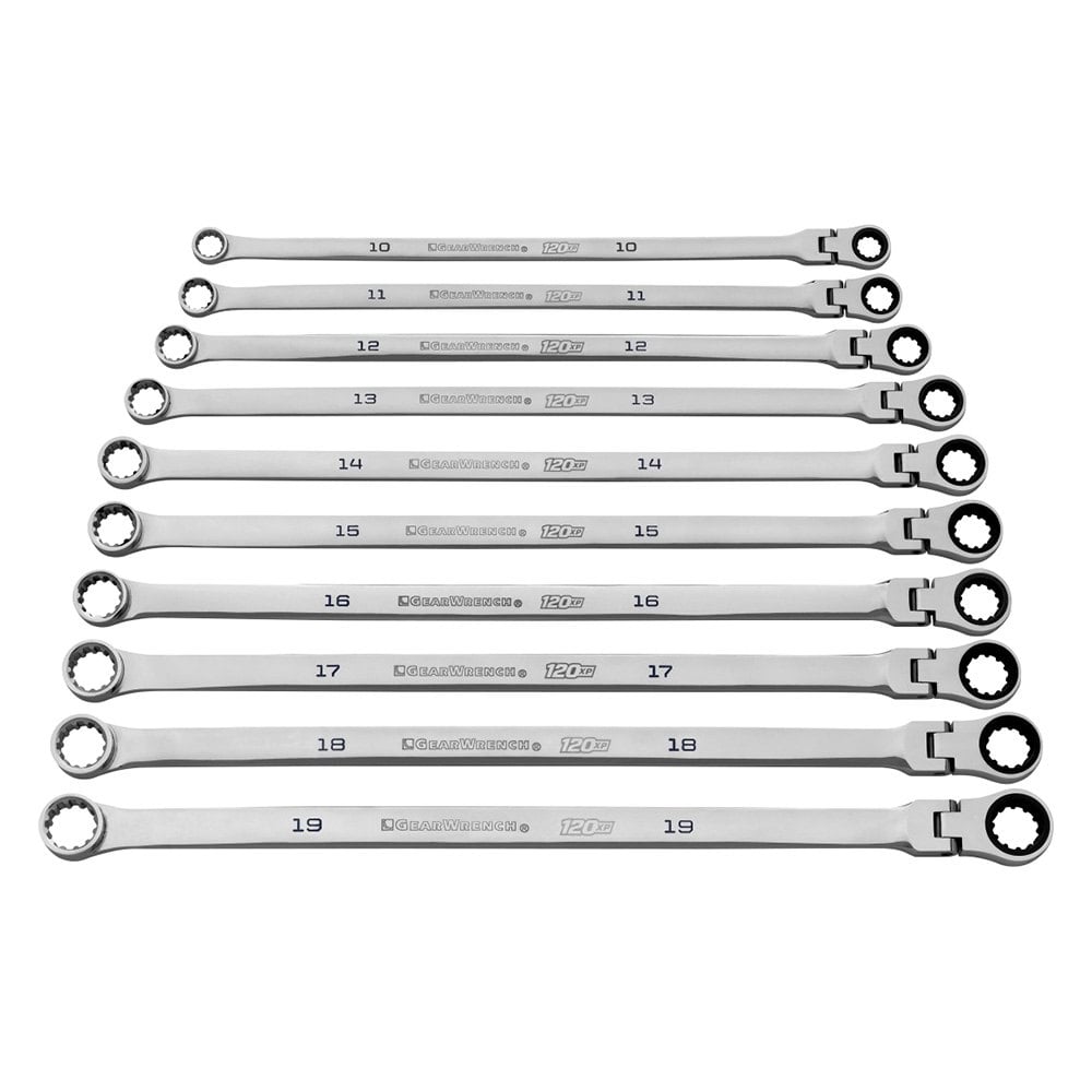 GearWrench® 86126 - 120XP™ GearBox™ 10-piece 10 to 19 mm Spline Flexible  Head 120-Teeth Ratcheting Long Pattern Chrome Double Box End Wrench Set