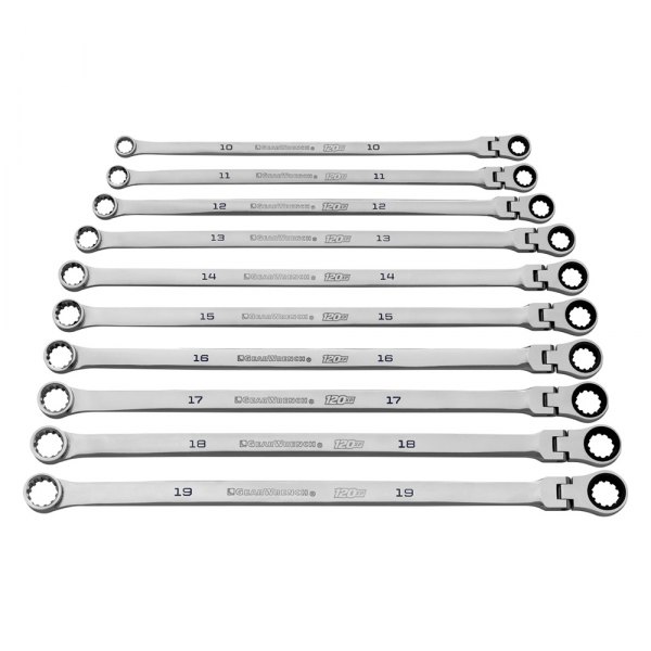 GearWrench® - 120XP™ GearBox™ 10-piece 10 to 19 mm Spline Flexible Head 120-Teeth Ratcheting Long Pattern Chrome Double Box End Wrench Set
