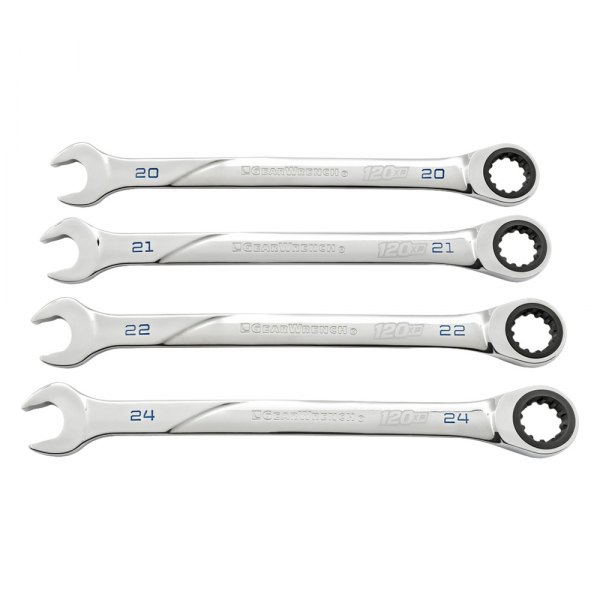GearWrench® - 120XP™ 4-piece 20 to 24 mm Spline Straight Head 120-Teeth Ratcheting Long Pattern Mirror Polished Combination Wrench Set