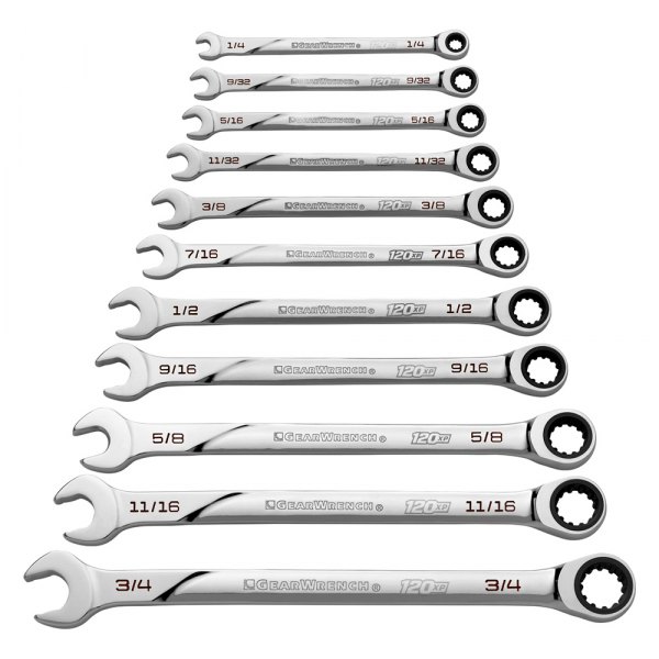 GearWrench® - 120XP™ 11-piece 1/4" to 3/4" Spline Straight Head 120-Teeth Ratcheting Long Pattern Mirror Polished Combination Wrench Set