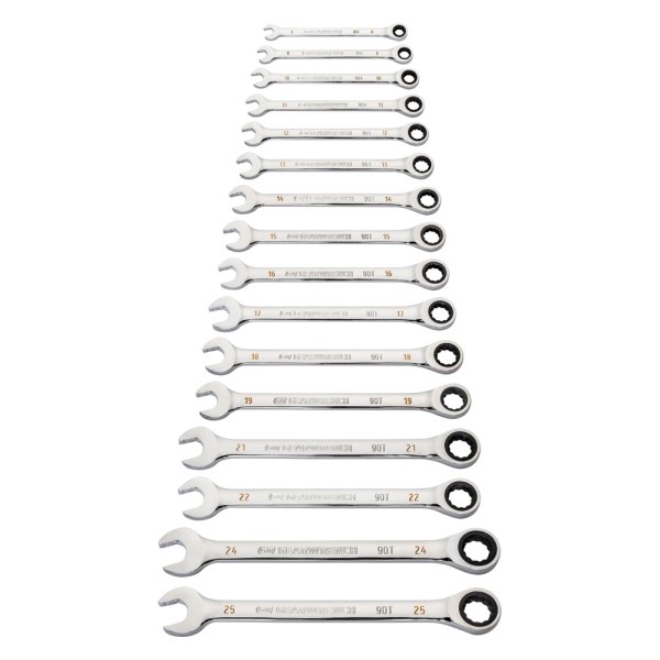 GearWrench® - 16-piece 8 to 25 mm 12-Point Straight Head 90-Teeth Ratcheting Chrome Combination Wrench Set
