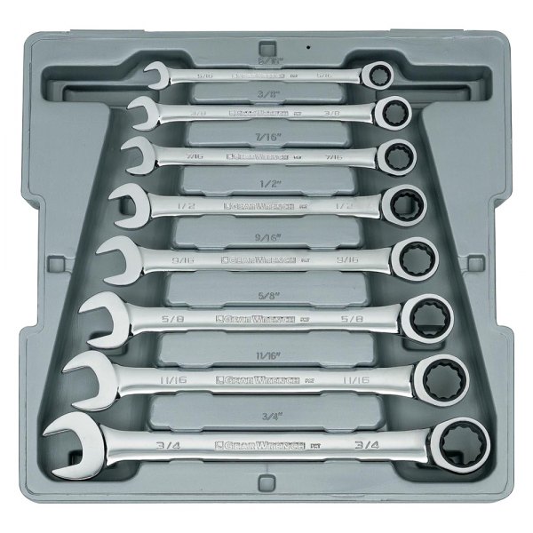 GearWrench® - 8-piece 5/16" to 3/4" 12-Point Straight Head 72-Teeth Ratcheting Mirror Polished Combination Wrench Set