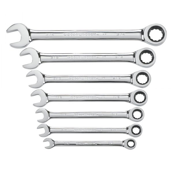 GearWrench® - 7-piece 5/16" to 3/4" 12-Point Straight Head 72-Teeth Ratcheting Long Pattern Mirror Polished Combination Wrench Set