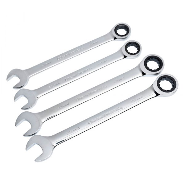GearWrench® - 4-piece 21 to 25 mm 12-Point Straight Head 72-Teeth Ratcheting Long Pattern Mirror Polished Combination Wrench Set