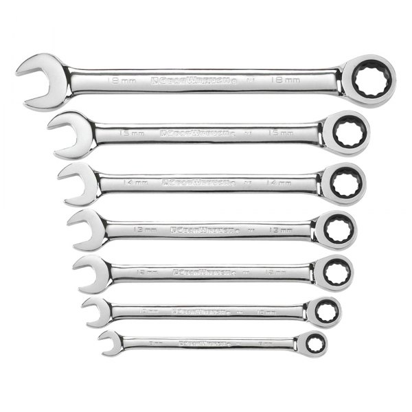 GearWrench® - 7-piece 8 to 18 mm 12-Point Straight Head 72-Teeth Ratcheting Long Pattern Mirror Polished Combination Wrench Set