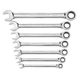 GearWrench® - 7-piece 8 to 18 mm 12-Point Straight Head 72-Teeth Ratcheting Long Pattern Mirror Polished Combination Wrench Set