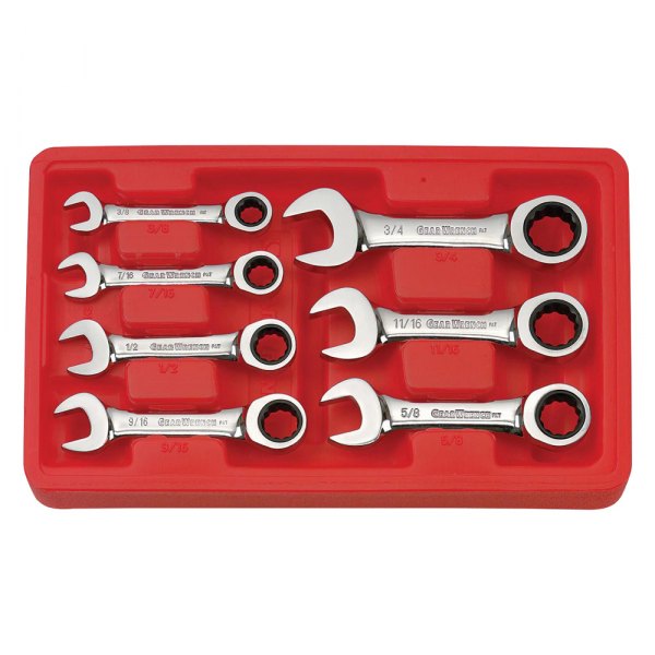 GearWrench® - 7-piece 3/8" to 3/4" 12-Point Straight Head 72-Teeth Ratcheting Stubby Mirror Polished Combination Wrench Set