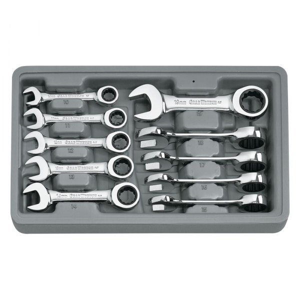 GearWrench® - 10-piece 10 to 19 mm 12-Point Straight Head Ratcheting Stubby Mirror Polished Combination Wrench Set