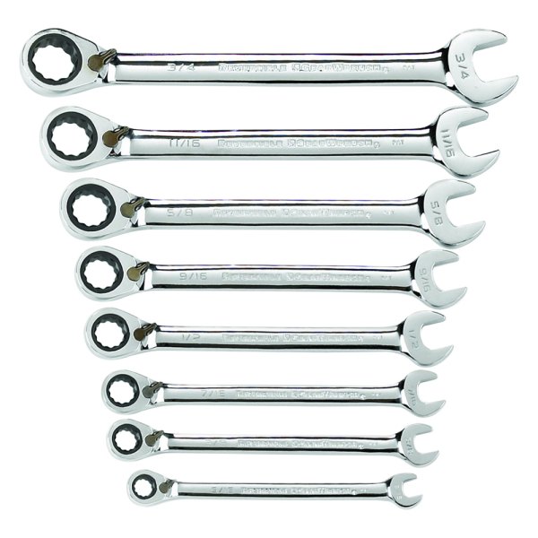 GearWrench® - 8-piece 5/16" to 3/4" 12-Point Angled Head Reversible 72-Teeth Ratcheting Mirror Polished Combination Wrench Set