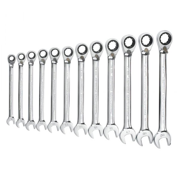 GearWrench® - 12-piece 8 to 19 mm 12-Point Angled Head Reversible 72-Teeth Ratcheting Mirror Polished Combination Wrench Set