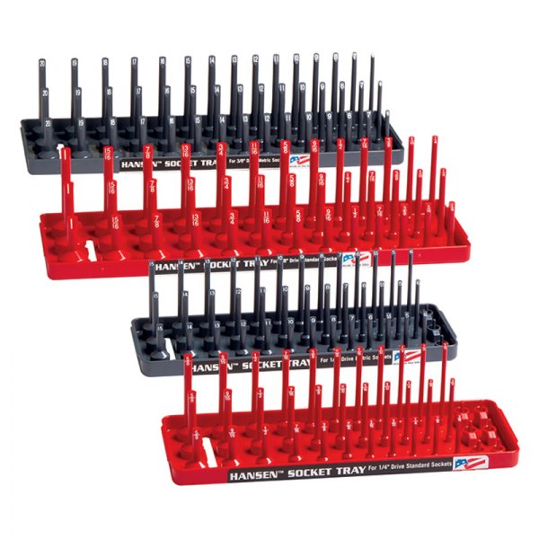 Hansen Global® - 1/2"-1/4" Drive SAE/Metric Red and Gray 3-Row Socket Tray Set (4 Pieces)