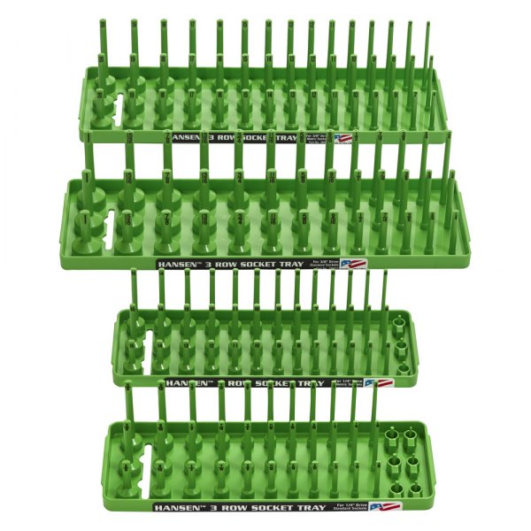 Hansen Global® - 1/2"-1/4" Drive SAE/Metric Green 3-Row Socket Tray Set (4 Pieces)