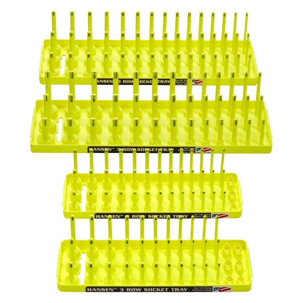 Hansen Global® - 1/2"-1/4" Drive SAE/Metric Yellow 3-Row Socket Tray Set (4 Pieces)