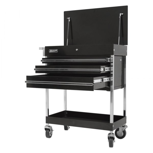Homak® - Pro Series 34.5" x 16.75" x 39.4" Black Steel Flip Top 3-Drawer 1-Shelf Service Cart