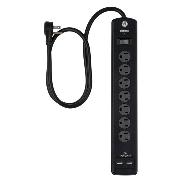 Jasco® - GE™ 7-Outlet Black Surge Protector with 3' Cord and 2 USB Ports