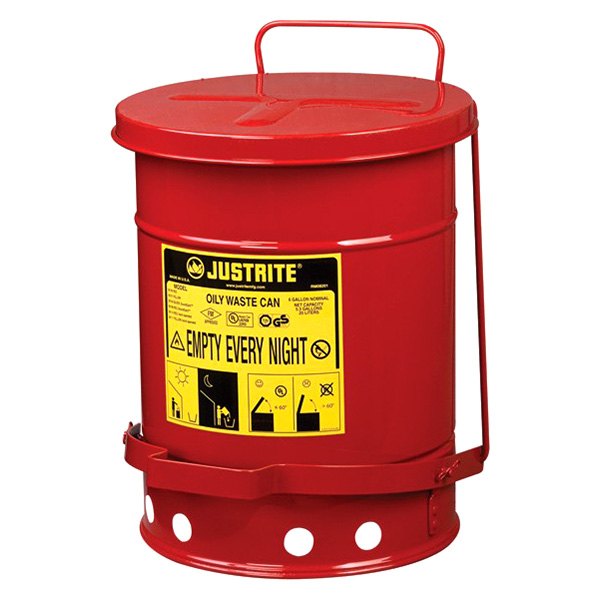 Justrite® - 6 gal Red Oil Waste Can with Foot-Operated Self-Closing Cover