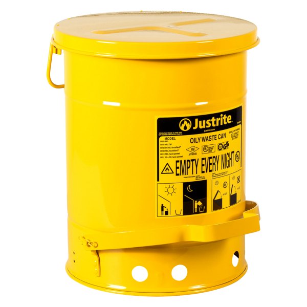 Justrite® - 6 gal Yellow Oil Waste Can with Foot-Operated Self-Closing Cover